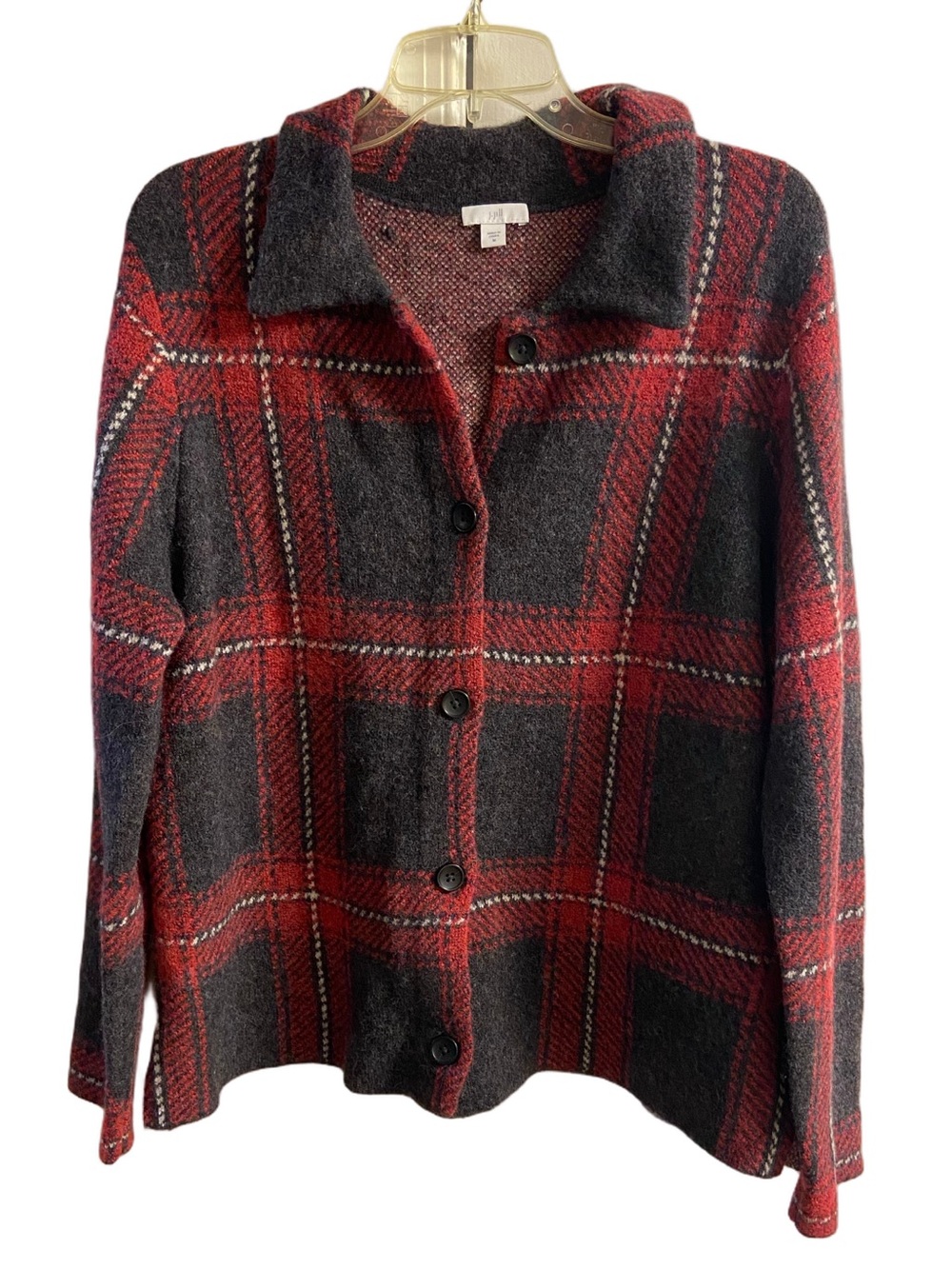 J.Jill Red & Charcoal Plaid Knit Button Front Collared Cardigan Jacket Sweater M